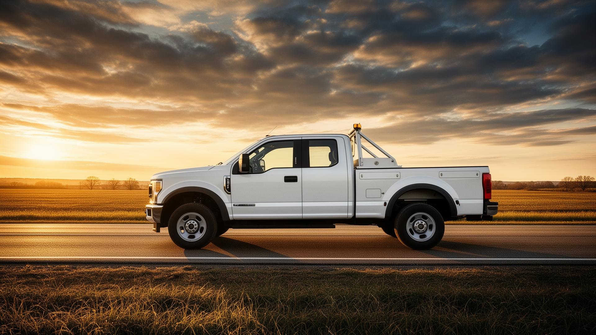 White Ford work truck on an open road
