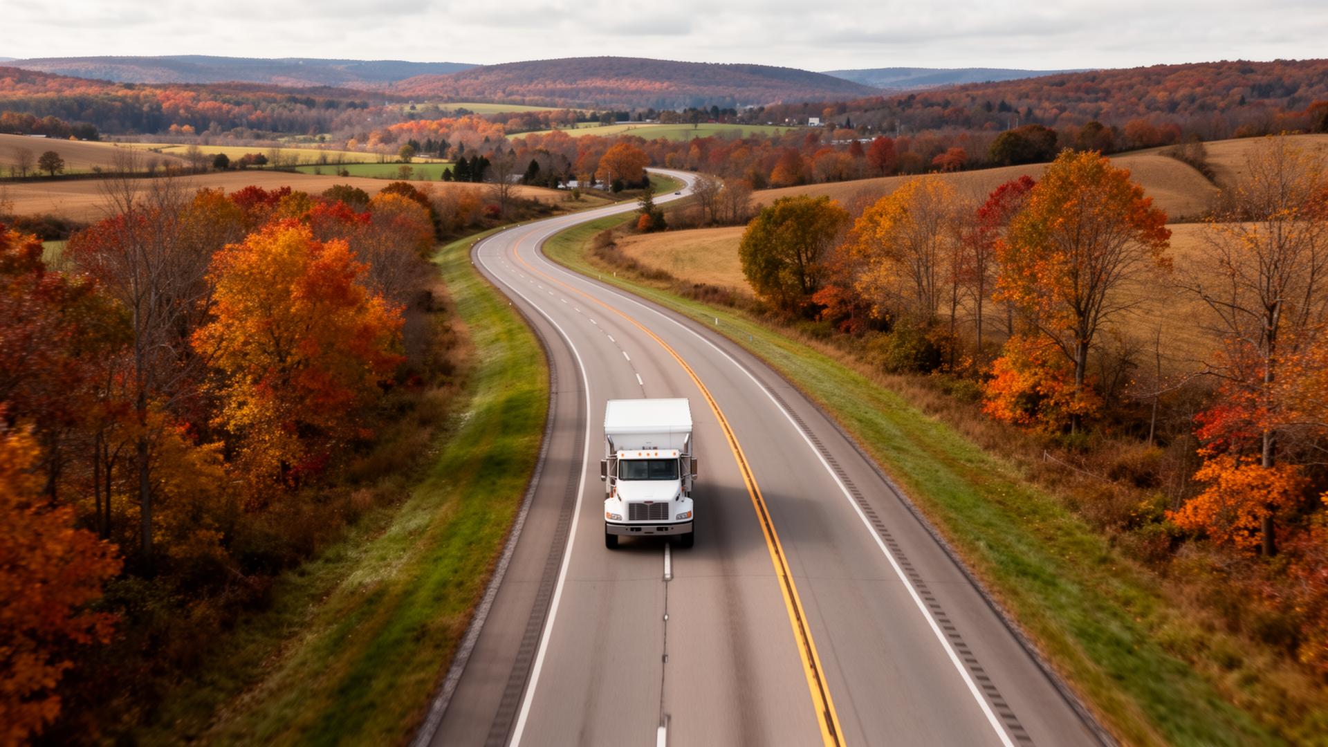Aerial view of a white truck on an autumn Ohio highway