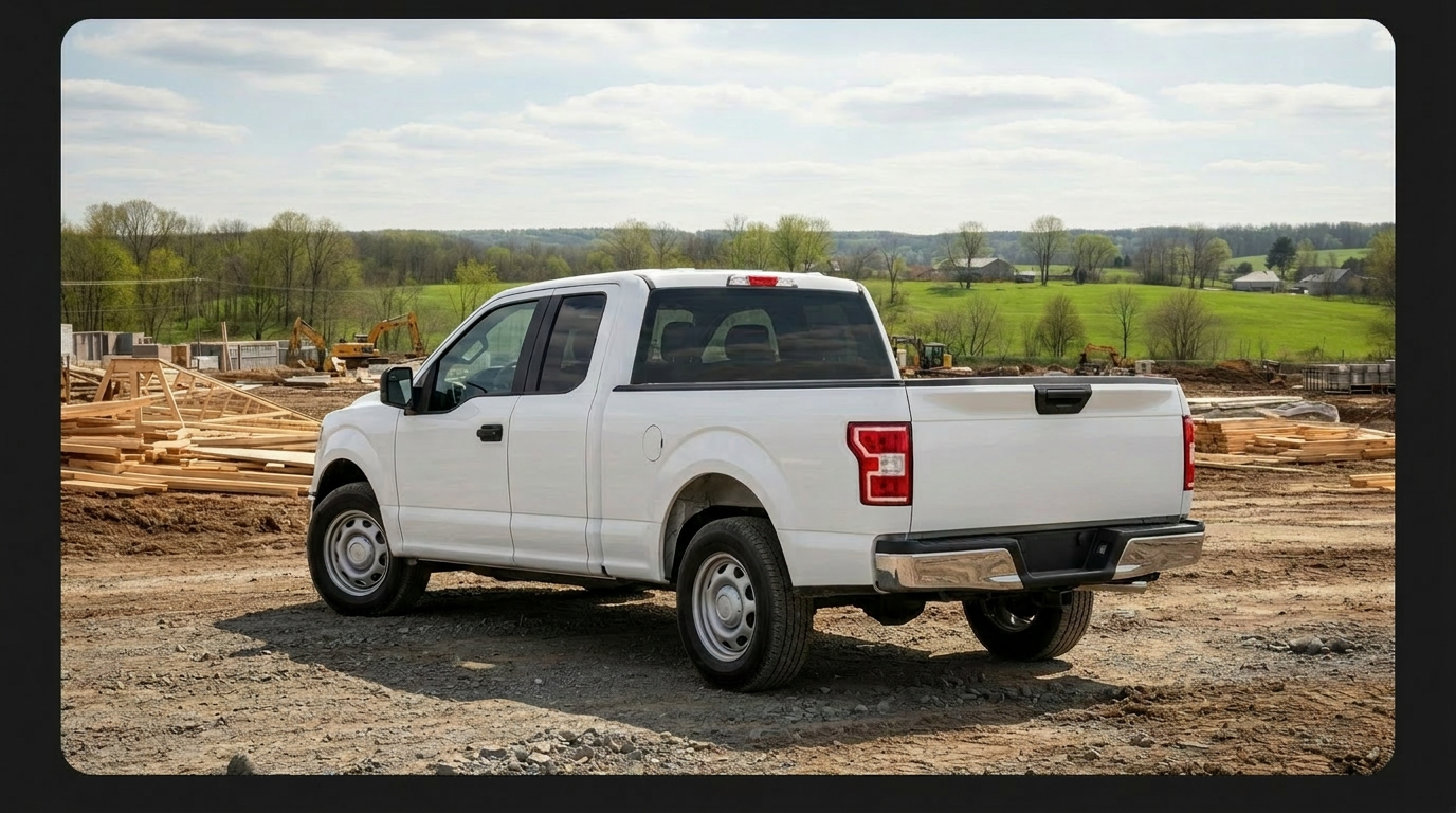 White work pickup truck at a Northeast Ohio job site